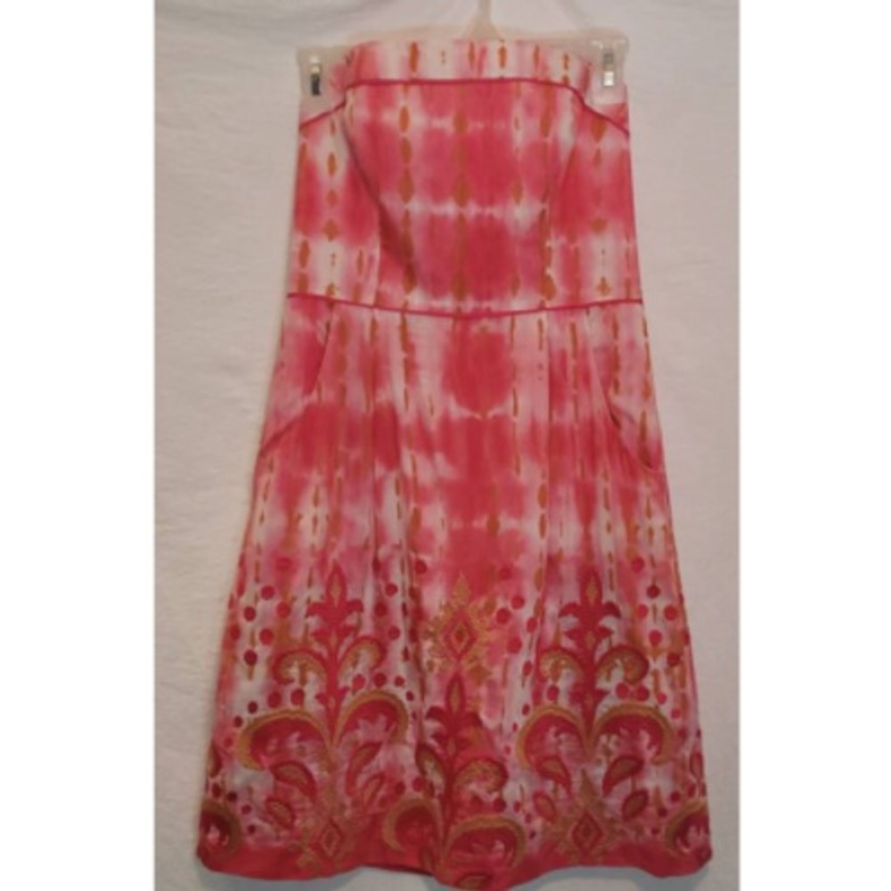 Beth Bowley Anthropologie 4 Strapless A Line Dress Party‎ Pink Orange Embroidery